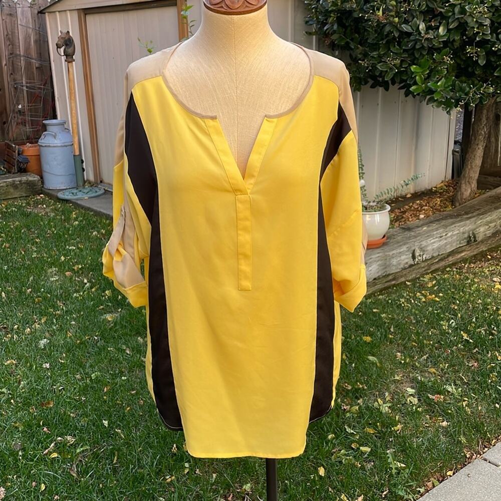 New York & Company 3/4 Rollup Sleeve Black Yellow Blouse Women’s Large